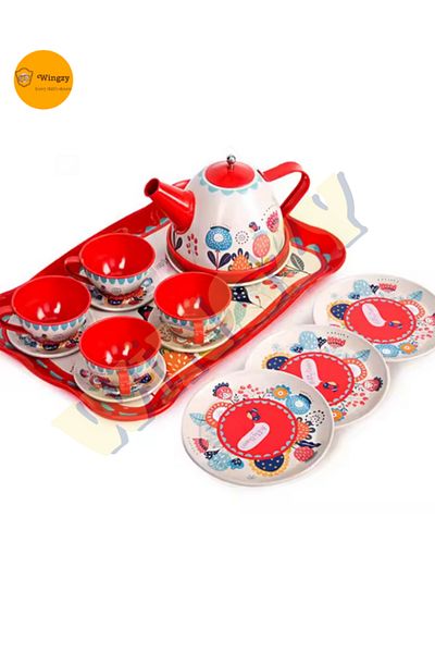 Wingzy Floral Pattern Metal Tea Set, 15 Pieces, Children's Kitchen Toy Set, Girl's Dollhouse Tea Set