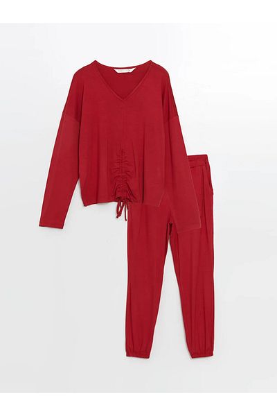LC Waikiki Set de pijamale LCW DREAM roșu cu decolteu în V pentru femei