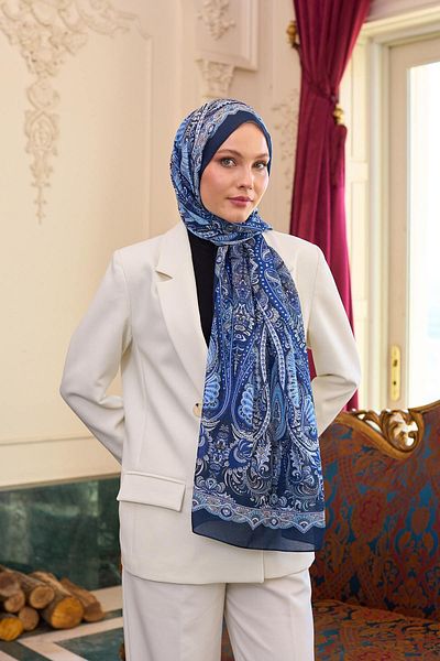 İpekhan Şal din voile cu model de mătase albastră - 9804-12