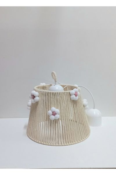 C&A&B KUZEY AVİZE Ecru Macrame - Pink Pompom Floral Patterned Young Baby and Children's Room Design