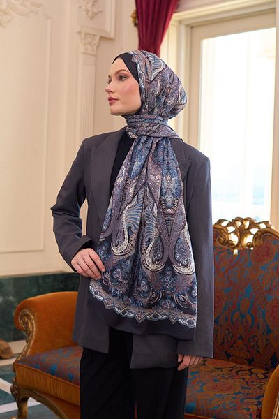 İpekhan Μεταξωτό σάλι Voile με μαύρο μπλε σχέδιο - 9804-17