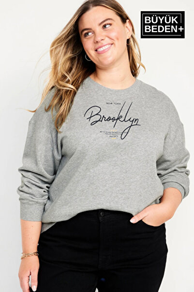 Superlife Women's Handwritten Brooklyn Printed Large Size Slim Crew Neck Swatshirt Spr25Bswk59