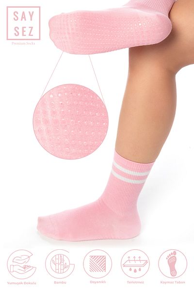 SAYSEZ Bamboo Women's Anti-Slip Sole Silicone Print Pilates Yoga Fitness Dance Activity Pink Tennis Sock