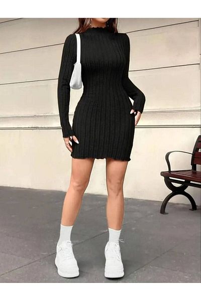 Gülmude Rochie tricotată pentru femei Figura Beton Mini rochie Toamnă Rochie casual cu mânecă lungă cu margine ondulată