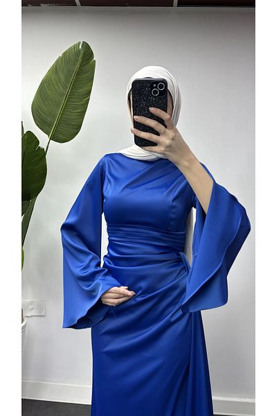 Tarzım Tuba Saks Blue Special Occasion Evening Dress with Large Spanish Sleeves and Long Piece Detail