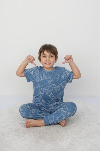 bunny hopp Set de pijamale de vară cu mânecă scurtă pentru băiat, 100% bumbac - cu model albastru pentru consolă de jocuri