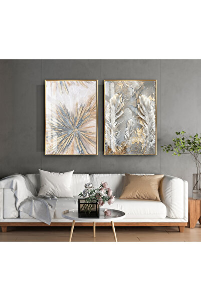 Harika bir ev Hari̇kabi̇rev | Soft Gray-Gold Abstract Leaf Patterned Combinat...