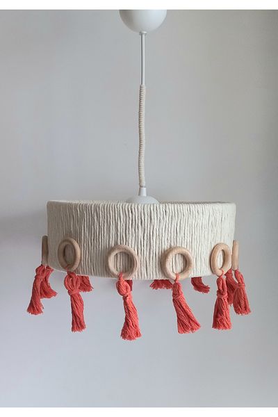 C&A&B KUZEY AVİZE Ecru Makrome Rope Hanger Wooden Ring and Fringed Baby Girl/Boy Children's Young Room Design Pendant Lamp Chandelier