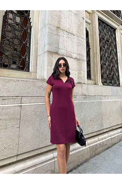 02Lady Fashion Polo Yaka Cepli Önü Çımalı Bordo Elbise
