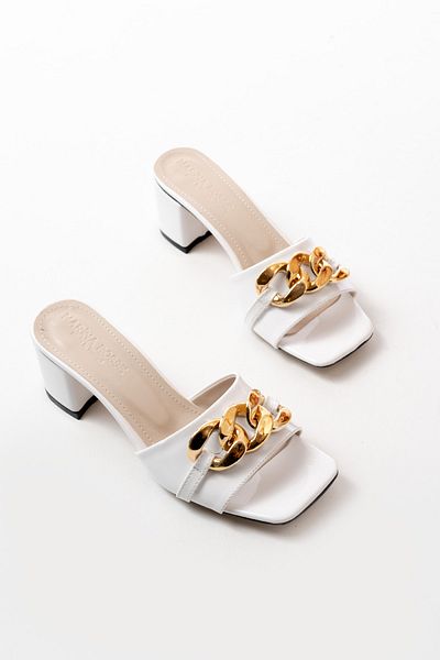 marinarosse Women's Bella White Patent Leather Chain Buckle Detailed Slippers