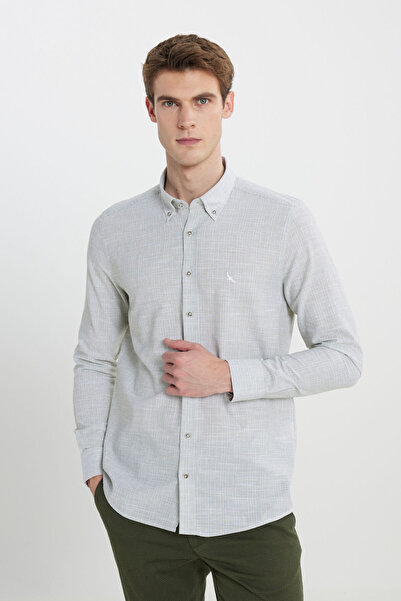 ALTINYILDIZ CLASSICS Ανδρικό χακί 100% βαμβακερό πουκάμισο με λεπτή εφαρμογή με κουμπιά γιακά με ριγέ