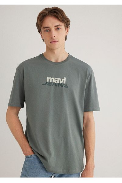 Mavi πράσινο μπλουζάκι με τυπωμένο λογότυπο φαρδύ (χαλαρό) κοψίματος