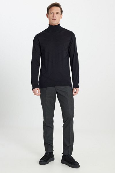 ALTINYILDIZ CLASSICS Men's Black Warm Standard Fit Regular Cut Full Turtleneck Jacquard Wool Knitwear Sweater