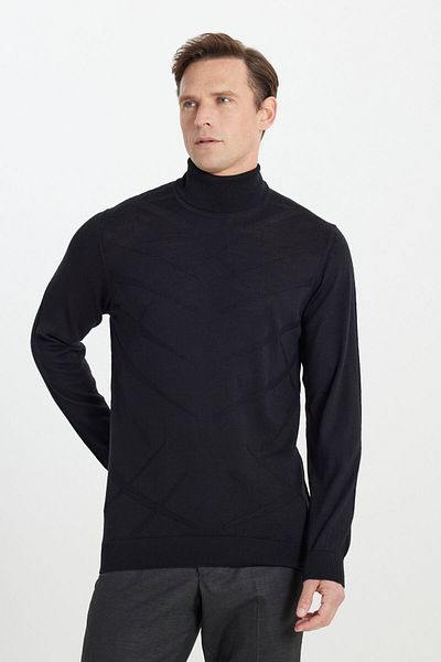 ALTINYILDIZ CLASSICS Men's Black Warm Standard Fit Regular Cut Full Turtleneck Jacquard Wool Knitwear Sweater