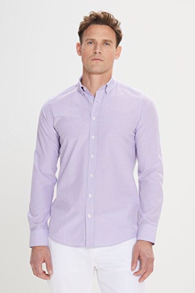 AC&Co / Altınyıldız Classics Cămașă pentru bărbați, alb-liliac, slim fit, subțire, cu guler ascuns, din bumbac, cu dungi