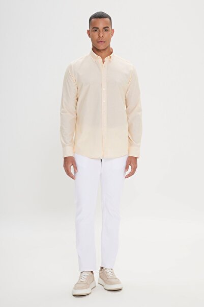 AC&Co / Altınyıldız Classics Ανδρικό Λευκό-Κίτρινο Slim Fit Slim Fit Κρυφό Κουμπί γιακά Βαμβακερό ριγέ πουκάμισο