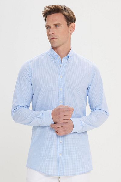 ALTINYILDIZ CLASSICS WhiteBlue Comfort Fit Бавовняна клітинка з гомлеком на ґудзиках Комір на ґудзиках Розслаблений крій