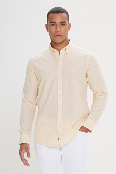 AC&Co / Altınyıldız Classics Ανδρικό Λευκό-Κίτρινο Slim Fit Slim Fit Κρυφό Κουμπί γιακά Βαμβακερό ριγέ πουκάμισο