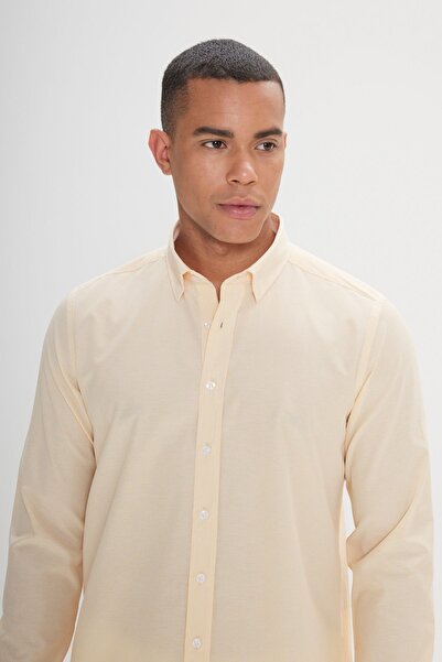 AC&Co / Altınyıldız Classics Ανδρικό Λευκό-Κίτρινο Slim Fit Slim Fit Κρυφό Κουμπί γιακά Βαμβακερό ριγέ πουκάμισο