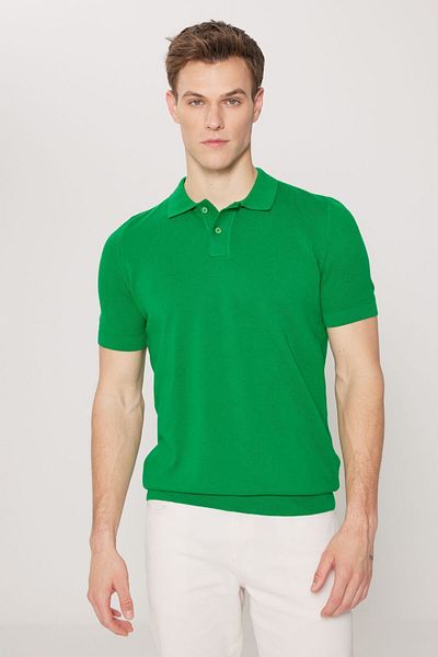 AC&Co / Altınyıldız Classics Men's Green Standard Fit Regular Cut Polo Neck 100% Cotton Patterned Short Sleeve Knitwear T-Shirt