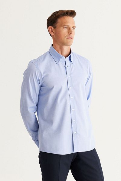 ALTINYILDIZ CLASSICS Cămașă Oxford, 100% bumbac, cu guler cu nasturi, cu tăietură îngustă, albastră