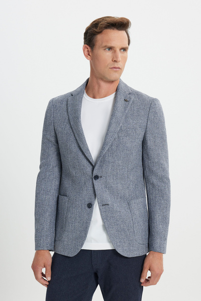 ALTINYILDIZ CLASSICS Slim Fit Dar Kesim Mono Yaka Desenli Torba Cepli Lacivert Ceket