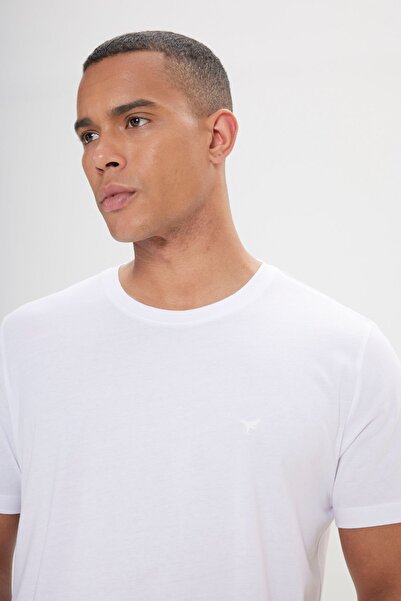 AC&Co / Altınyıldız Classics Μπλουζάκι με λαιμόκοψη από 100% οργανικό βαμβάκι, ανδρικό λευκό λεπτή εφαρμογή