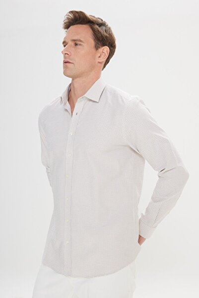 ALTINYILDIZ CLASSICS Λευκό-μπεζ ανδρικό πουκάμισο - Easy Iron, Slim Fit, Button Collar, Seersucker Pattern