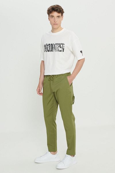 AC&Co / Altınyıldız Classics Ανδρικό παντελόνι χακί oversize - ελαστικό βαμβακερό, δεμένο στη μέση, πλαϊνή τσέπη