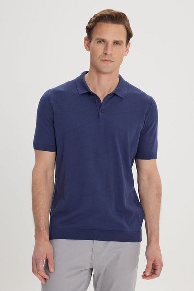 AC&Co / Altınyıldız Classics Marineblaues Strick-T-Shirt mit Polokragen für Herren – 100 % Baumwolle, eigenes Muster