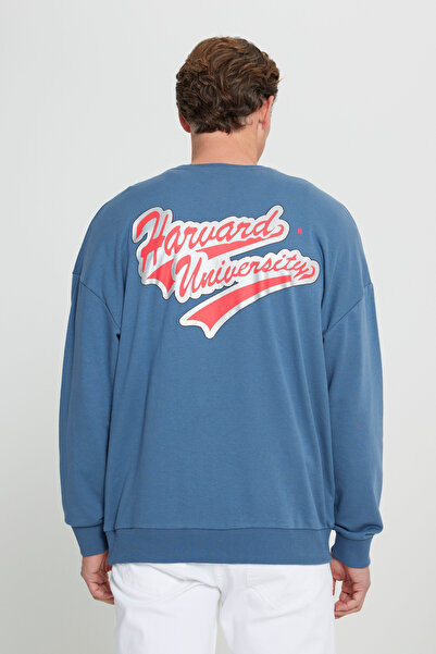 AC&Co / Altınyıldız Classics Ανδρικό φούτερ Indigo Harvard με άδεια χρήσης 3 κλωστών, βαμβακερό υπερμεγέθη και χαλαρό φούτερ με λαιμόκοψη