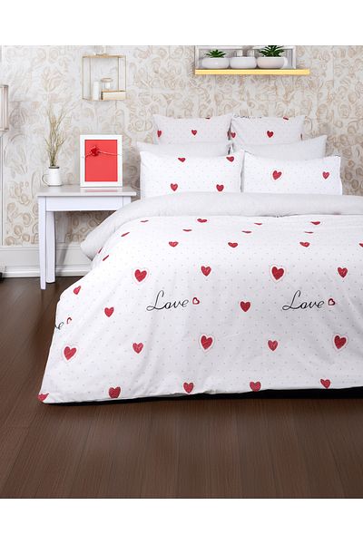 ÇIQRIK HOME Double Ranforce Duvet Cover Set with Elastic Sheets Heart Love Pattern