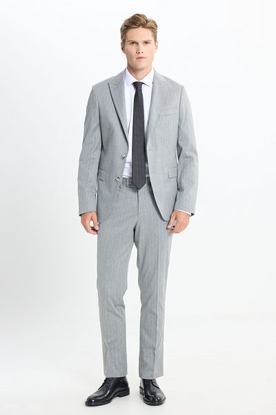 ALTINYILDIZ CLASSICS Men's Gray Slim Fit Slim Fit Swallow Collar Striped Stretch Suit with Flap Pocket