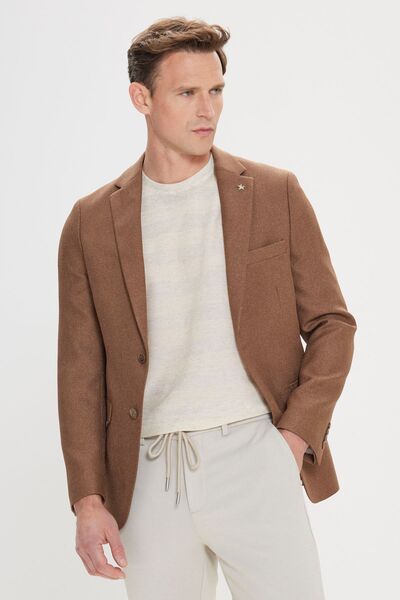 ALTINYILDIZ CLASSICS Коричневий однобортний чоловічий піджак тонкої посадки з ребристим коміром
