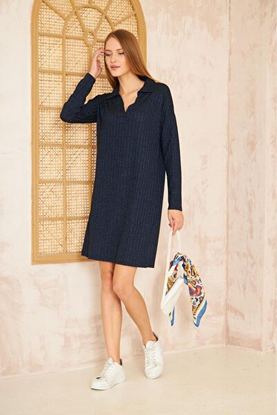 Pasaklı Giyim Жіноча темно-синя поло з коміром, довгими рукавами, блискітками та шнурівкою, спортивна трикотажна сукня Yb2988210