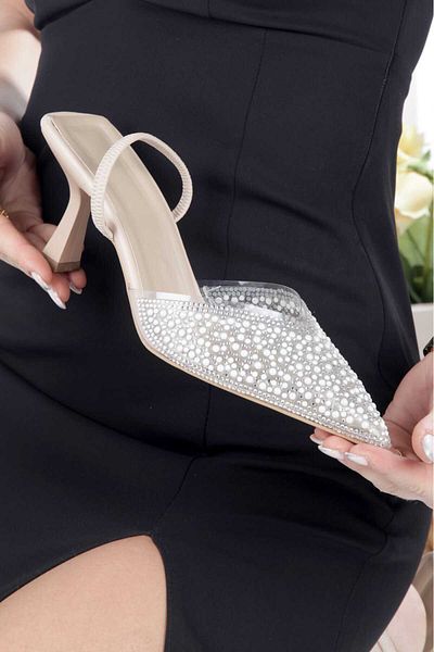 werfen Women's Coral Detailed Transparent Heeled Evening Dress Shoes