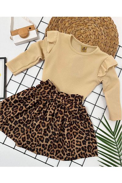 KOKOŞ BEBEK Ruffle Suit with Leopard Skirt |   Between 3/4 Years