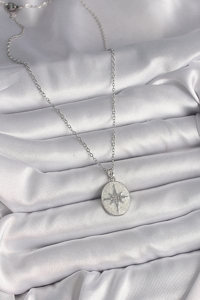 onixe 316L Steel Silver Color Chain White Enameled Zircon Stone Pole Star Engraved Women's Necklace