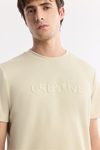 Avva Men's Beige Crew Neck Printed Bi-Stretch Interlock Regular Fit T-Shirt A51Y1131