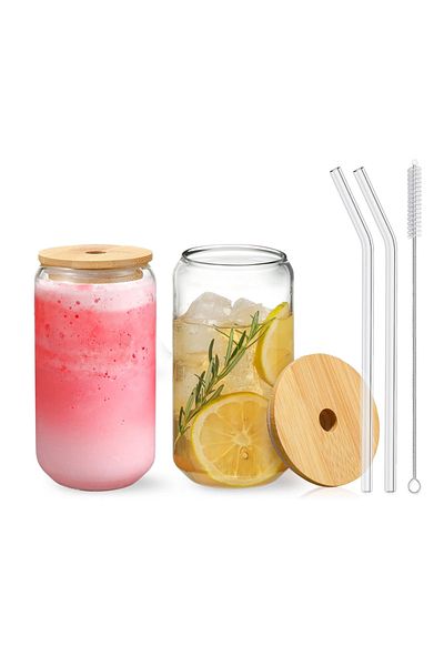 Choice 550ml 2pcs 2/4pcs Glass Cups With Bamboo Lids And Straws 550ml Ice Coffee Cup Drinking Cup Set With