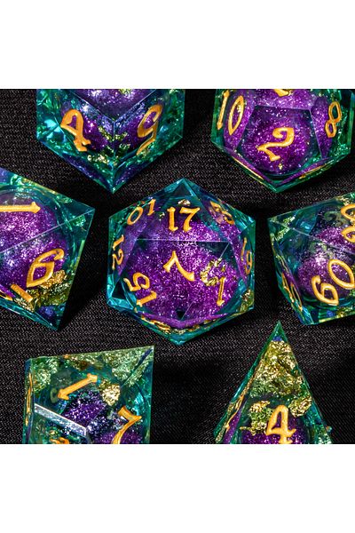 GSF Ah26 Dnd Green Gold Foil Liquid Core Dice Polyhedral Dice Set For Dungeons And Dragons, Galaxy Dice
