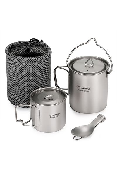 TOMSHOO Set 3 Tomshoo 3 PCS Titanium Cookware Set Ultralight 750ml Pot 450ml Water Cup Mug w Lid Folding Spo
