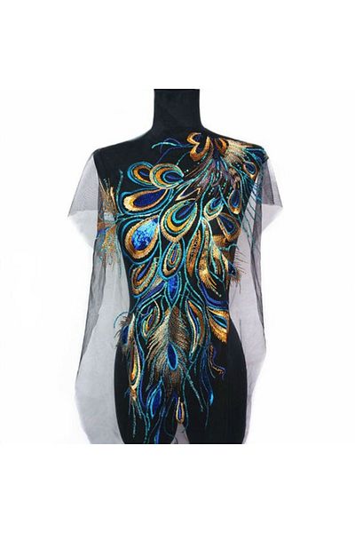 Choice Blue Red Blue Sequin Embroidered Phoenix Peacock Feather Black Mesh Wedding Gown Applique Lace Trim