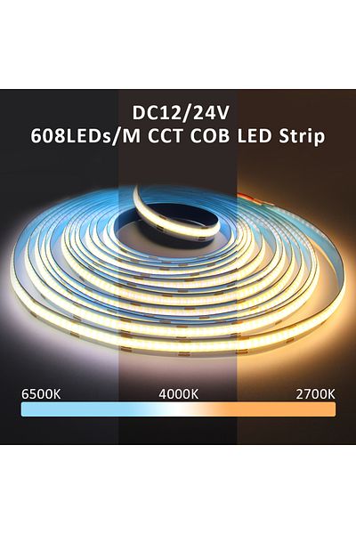 MJJC 5m Dc 24v 2700-6500k Cct Cob Led Strip Lights High Density 608 Leds/m Flexible Dimmable Fob Led Tape