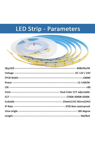MJJC 5m Dc 24v 2700-6500k Cct Cob Led Strip Lights High Density 608 Leds/m Flexible Dimmable Fob Led Tape