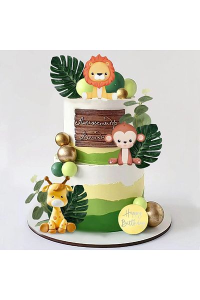 Choice M Safari Animal Jungle Safari Animal Cake Topper With Colourful Balls Plam Leaves Cake Decoration Fo