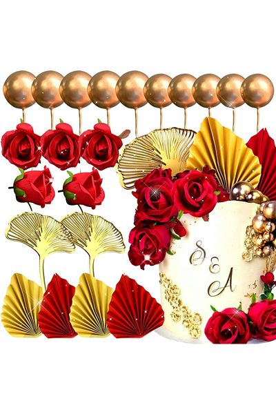 Choice Red Gold 21 Pcs Red Rose Cake Decoration Queen Birthday Cake Decoration Ginkgo Palm Leaves Cake Deco