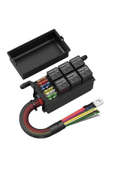 Daiertek صندوق مرحلات 12 فولت صندوق مرحلات 6 طرق صندوق فيوزات 12 AWG صندوق مرحلات مسبق التوصيل مقاوم للماء 6 فتحات A