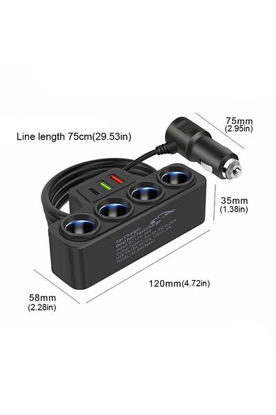 VKTECH 60cm Cable 120w Car Phone Charger Cigarette Lighter Adapter Pd 3.1a Qc3.0 Multi Ports Quick Charge