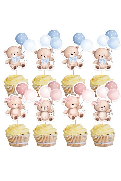 Choice 20pcs Carton Bear Paper Cupcake Toppers Balloon Bear for Baby Shower Party Kids Happy Birthday De...